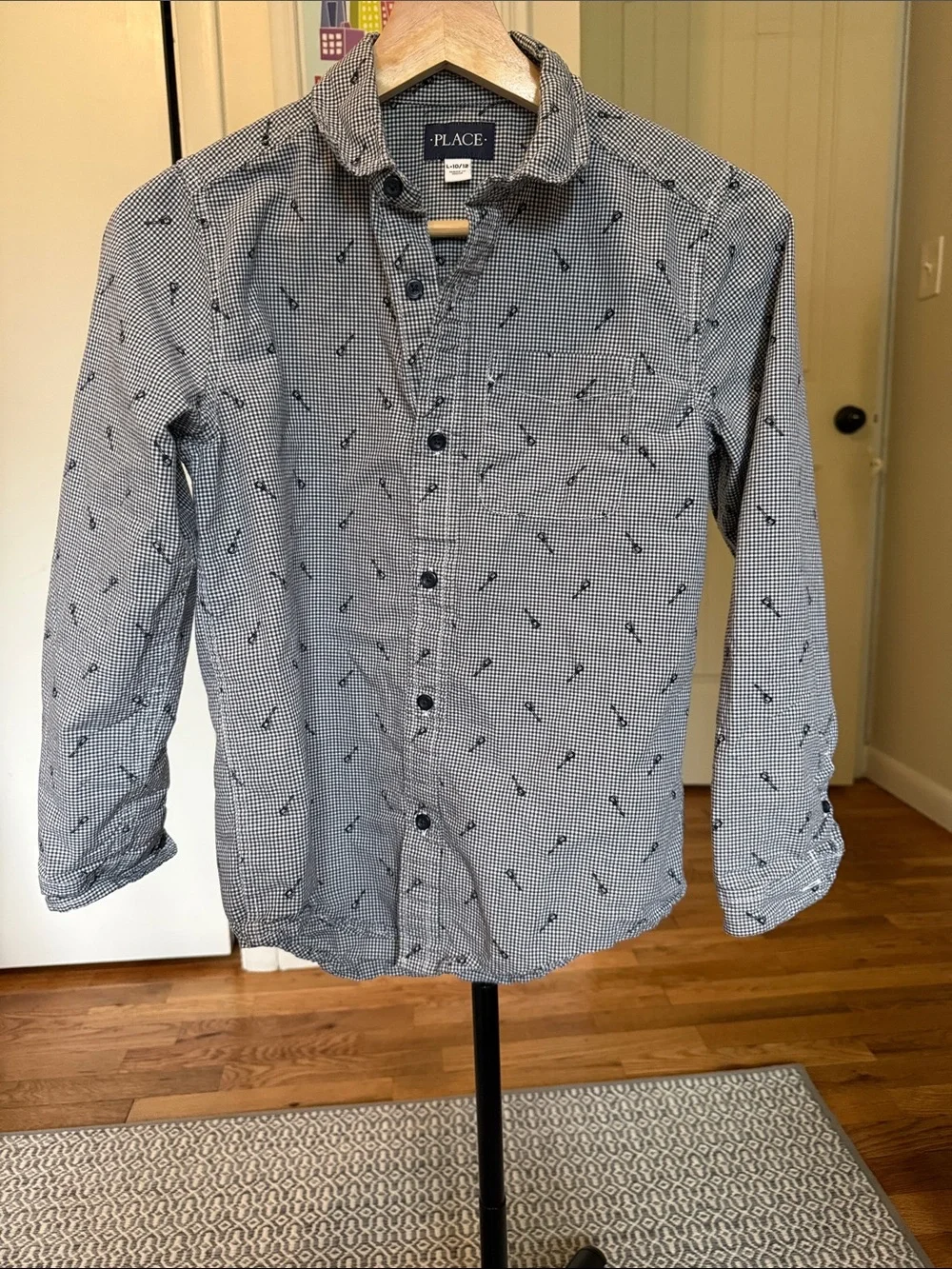 The Children's Place Navy & White Micro-Check Button-Down Shirt with guitars!
